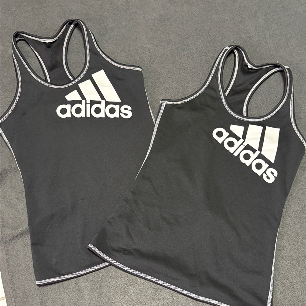 2 adidas Black Racerback Tank with White Logo